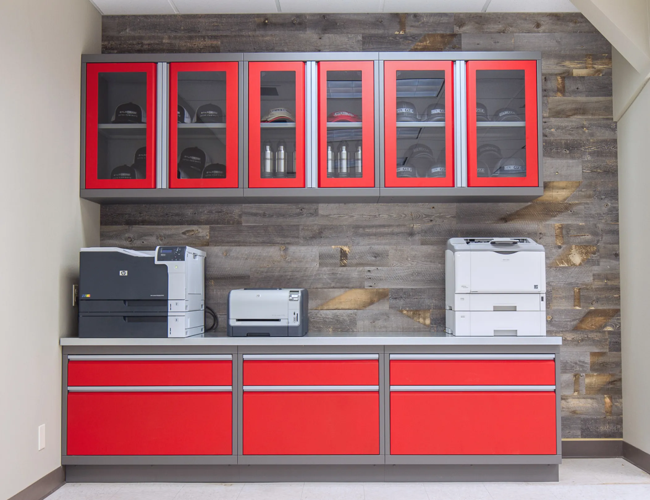 Glass Door Cabinets Image, showcasing elegant glass door cabinets for a sophisticated storage solution with visibility of contents, blending style and organization in a modern garage setting.